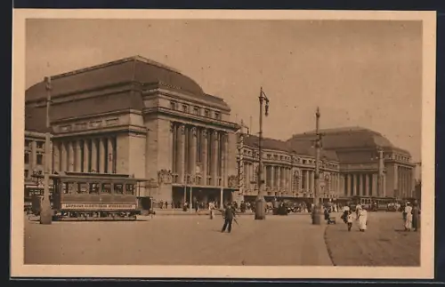AK Leipzig, Strassenbahn vor dem Hauptbahnhof