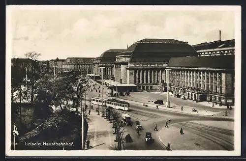 AK Leipzig, Strassenbahn vor dem Hauptbahnhof