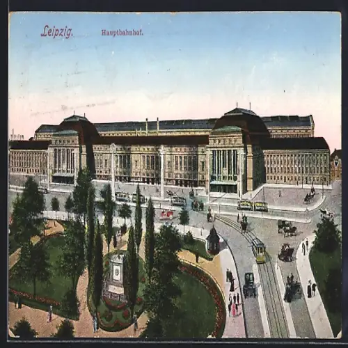 AK Leipzig, Strassenbahnen vor dem Hauptbahnhof, Park mit Denkmal