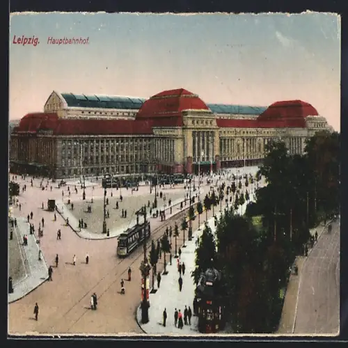 AK Leipzig, Strassenbahnen am Hauptbahnhof