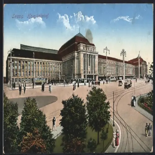 AK Leipzig, Hauptbahnhof von der Anlage aus gesehen