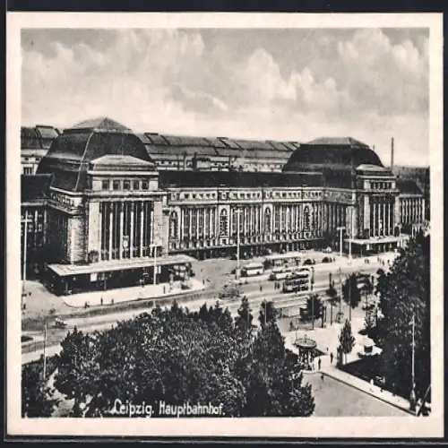 AK Leipzig, Hauptbahnhof mit Strassenbahnen