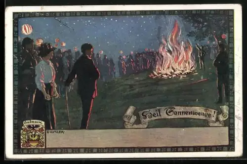 Künstler-AK Ernst Kutzer: Leute mit Laternen am Lagerfeuer feiern die Sonnenwende