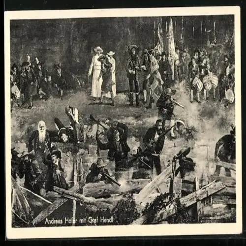 AK Innsbruck, Andreas Hofer mit Graf Hendl von dem Gemälde Die Schlacht am Berg Isel 1809 am Rundbau, Befreiungskriege