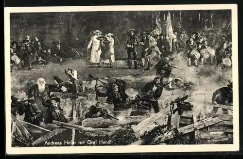 AK Innsbruck, Andreas Hofer mit Graf Hendl von dem Gemälde Die Schlacht am Berg Isel 1809 am Rundbau, Befreiungskriege