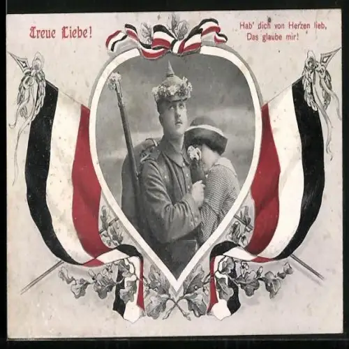 AK Soldat nimmt Abschied von seiner Liebsten, Reichsfahnen