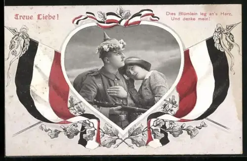 AK Soldat und seine Geliebte im Herz-Passepartout mit Reichsfahne, Treue Liebe