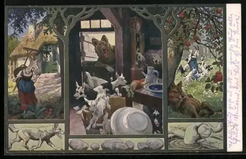 AK Märchen Der Wolf und die sieben Geisslein - Der Wolf dringt in das Haus der Geisslein ein