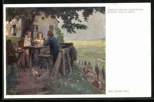 Künstler-AK Schubert unterm Lindenbaum im Gespräch