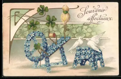 Präge-AK Spinnrad und Hocker aus Vergissmeinnicht mit Tauben, Souvenir affectueux