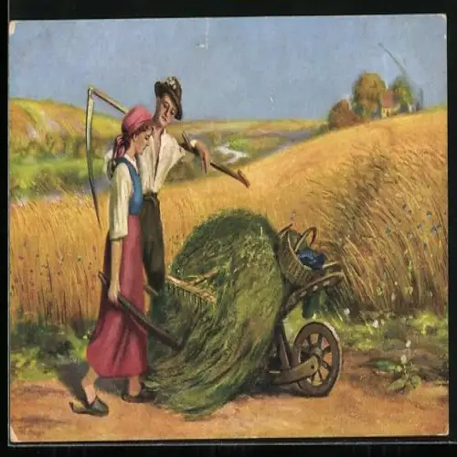 Künstler-AK Bauer mit Sense und Bäuerin mit Karren auf dem Feld