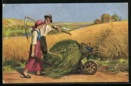 Künstler-AK Bauer mit Sense und Bäuerin mit Karren auf dem Feld