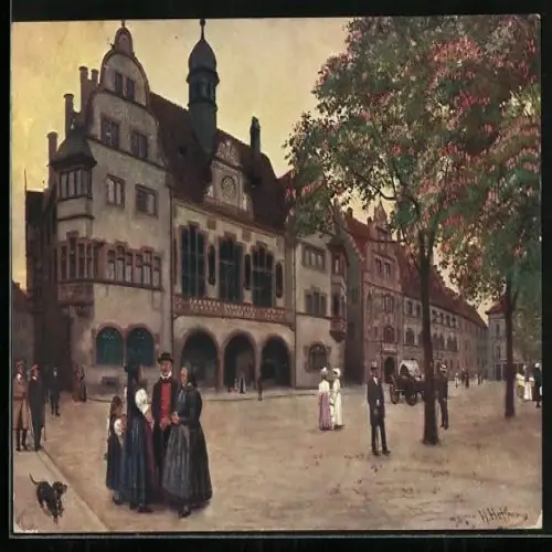 Künstler-AK Freiburg i. Br., Das alte und das neue Rathaus