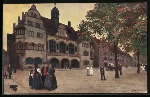 Künstler-AK Freiburg i. Br., Das alte und das neue Rathaus