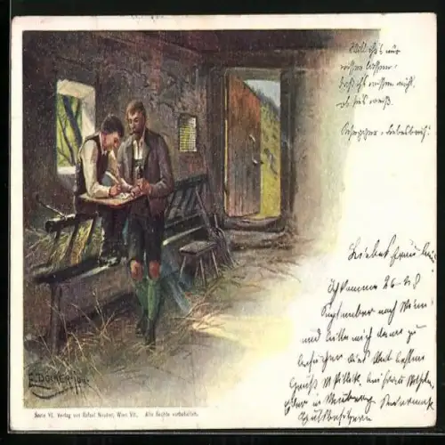 Künstler-Lithographie E. Döcker: Rosegger - Liebesbrief