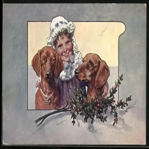 Künstler-AK Mädchen mit zwei Dackeln und Zweig mit roten Beeren - Weihnachtsgruss
