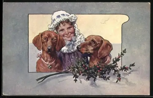 Künstler-AK Mädchen mit zwei Dackeln und Zweig mit roten Beeren - Weihnachtsgruss