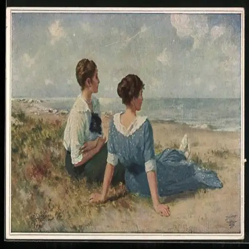 Künstler-AK Wohlgemuth & Lissner, Primus-Postkarte No. 5019: Ein Sommertag, junge Frauen am Strand