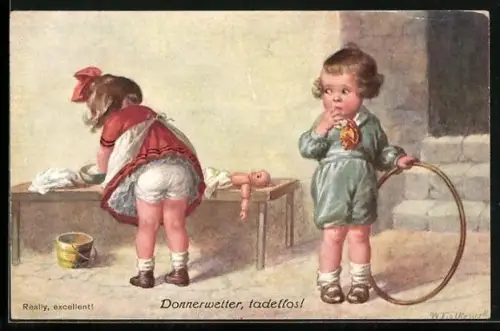 Künstler-AK Wally Fialkowska: Junge schaut einem Mädchen unter den Rock