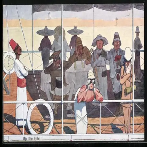 Künstler-AK Ägypten, Karikatur: Touristen bei einer Nil-Kreuzfahrt