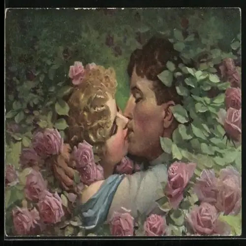 Künstler-AK W. Hunger: Im Paradies, Küssendes Liebespaar in den Blumen