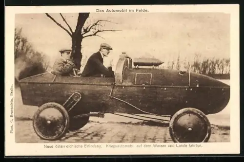 AK Das Automobil im Felde, Kriegsautomobil auf Wasser und Land fahrbar, Amphibienfahrzeug