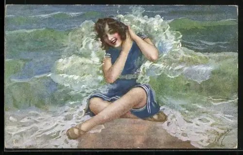 Künstler-AK Mädchen in Bademode vergnügt sich in der Brandung
