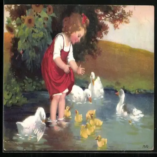 Künstler-AK Marie Flatscher (M.FL.): Mädchen mit Enten