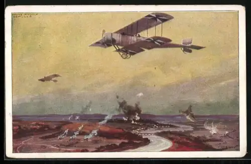 Künstler-AK Hans Rudolf Schulze: Flugzeug Militärdoppeldecker auf Erkundungsflug an der Marne