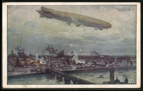 Künstler-AK Hans Rudolf Schulze: Zeppelin Schütter-Lanz bombardiert Warschau