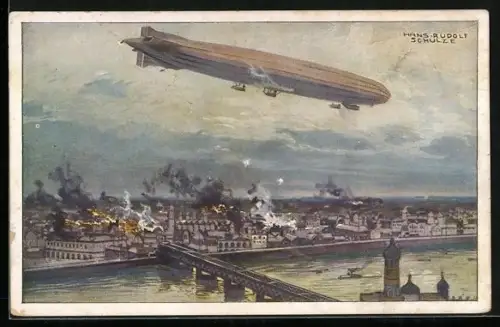 Künstler-AK Hans Rudolf Schulze: Zeppelin Schütter-Lanz bombardiert Warschau