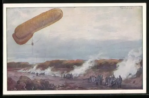 Künstler-AK Hans Rudolf Schulze: Soldaten im Gefecht beobachtet durch Fesselballon