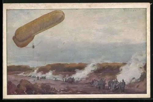 Künstler-AK Hans Rudolf Schulze: Soldaten im Gefecht beobachtet durch Fesselballon