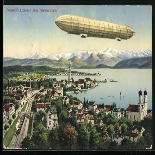 AK Friedrichshafen, Zeppelin`s Luftschiff über dem Hafen, Eisenbahn