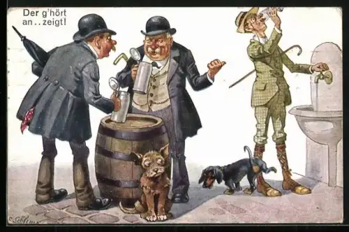 Künstler-AK Bier-trinkende Männer belustigen sich über einen Wasser-Trinker