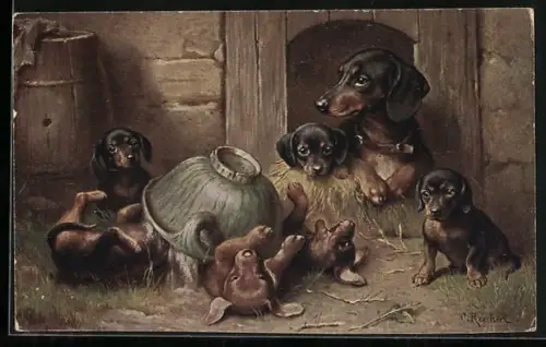 Künstler-AK C.Reichert: Dackelhündin mit ihren spielenden Welpen