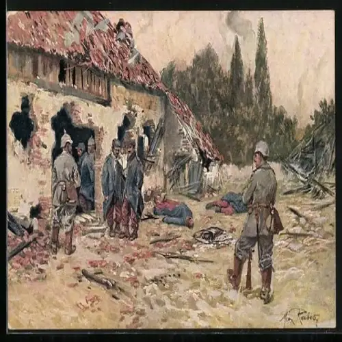 Künstler-AK Max Rabes: deutsche Infanteristen und Kriegsgefangene nach der Erstürmung eines französischen Dorfes