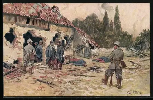 Künstler-AK Max Rabes: deutsche Infanteristen und Kriegsgefangene nach der Erstürmung eines französischen Dorfes