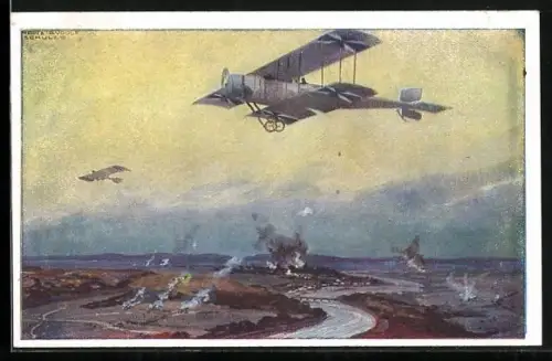 Künstler-AK Hans Rudolf Schulze: Flugzeug Militärdoppeldecker auf Erkundungsflug an der Marne