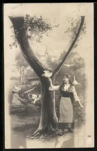 Foto-AK NPG NR: 195, Buchstabe Y, Frau mit Tauben auf der Wiese