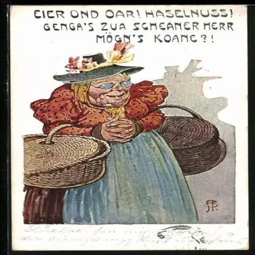 AK Eier ond Oar! Haselnuss! Genga`s zua scheaner Herr mögn`s koane?!, Alte Bäuerin auf dem Weg zum Markt