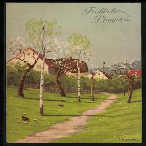 Künstler-AK Alfred Mailick: Häuser in Landschaft mit Feldweg bei Baumblüte