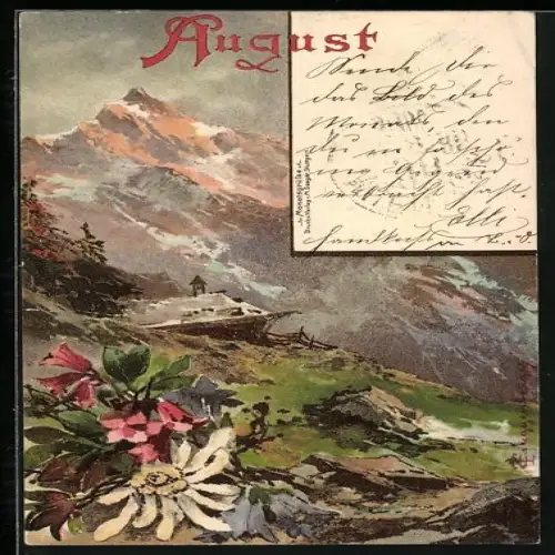 Künstler-AK Theodor Guggenberger: Allegorie August, Berglandschaft mit Hütte