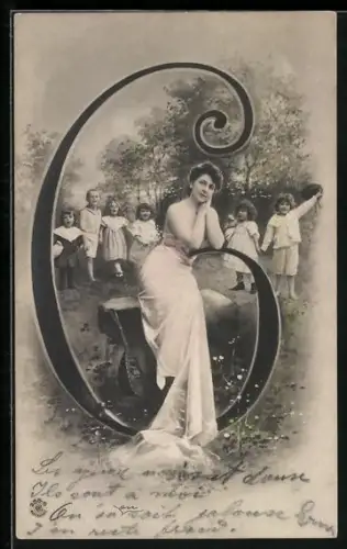 AK Buchstabe C, Schöne Frau und singende Kinder