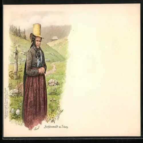 Lithographie Schönwald bei Triberg, Frau in Schwarzwälder Tracht