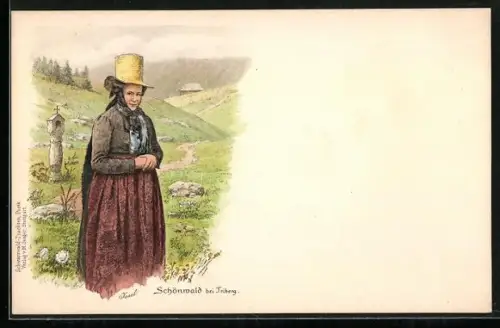 Lithographie Schönwald bei Triberg, Frau in Schwarzwälder Tracht
