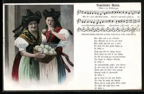 AK zwei Vogtländerinnen mit Klössen, Lied: Vogtländer Madle