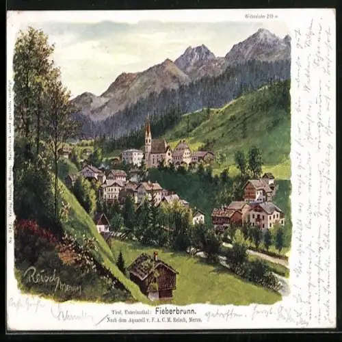 Künstler-AK Rudolf Reschreiter: Fieberbrunn, Totalansicht der Ortschaft