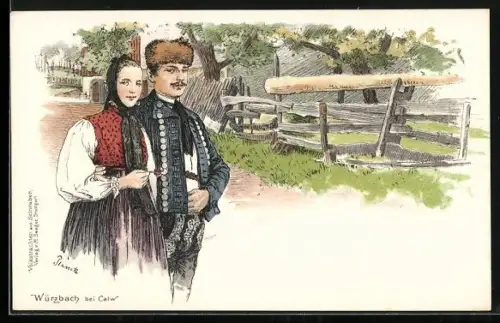 AK Würzbach, Paar in schwäbischer Tracht beim Spaziergang