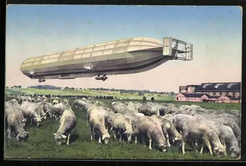 AK Luftschiff Zeppelin über einer Schafherde